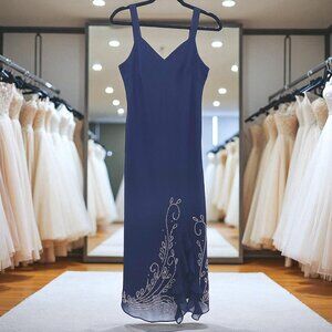 R&M Richards‎ Navy Beaded Midi Dress Formal Petite Cocktail Evening Glam